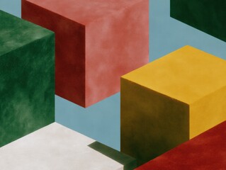 Aufkleber - Abstract geometric composition of textured colorful blocks in modern isometric style with shadows on blue background for contemporary design and art projects