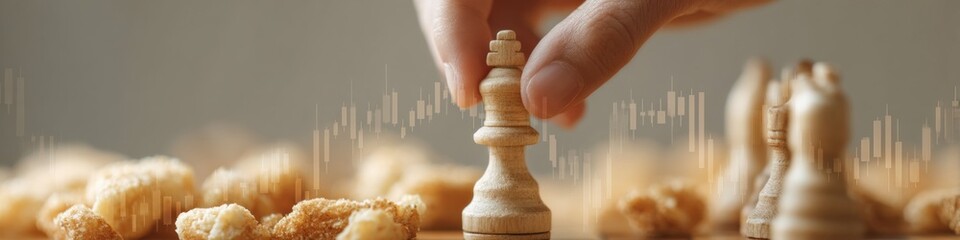 Poster - Modern Business Strategy Concept with Hand Moving Chess Piece and Digital Market Data Overlay Representing Tactical Investment and Risk Management