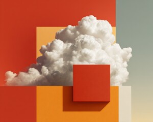 Poster - Majestic cumulus cloud formations with defined edges contrasted against vibrant geometric shapes for modern weather and atmospheric monitoring visuals