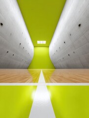 Aufkleber - Modern Minimalist Basketball Court with Vibrant Lime Green Accent Wall and Polished Wooden Floor Premium Sports Venue for Contemporary Event Marketing