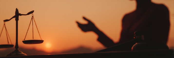 Aufkleber - Balanced justice scales and wooden gavel on legal consultation table with professional gesture at sunset, symbolizing fairness and due process in modern law practice