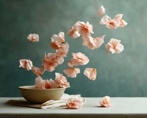 Poster - Dreamlike decoupage art with blooming flowers transforming into delicate paper shapes floating above a table in soft pastel tones for creative design