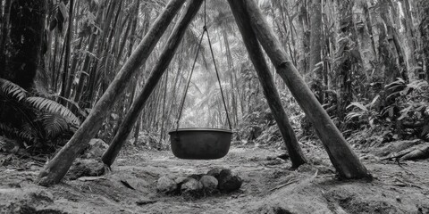 Poster - Wilderness survival campfire with makeshift bamboo tripod and cooking pot in dense rainforest showcasing sustainable adventure and eco tourism skills
