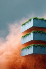 Poster - Modern Building Retrofit with Concrete Balconies and Cascading Greenery Against Dramatic Sky for Sustainable Architecture and Eco-Friendly Urban Design