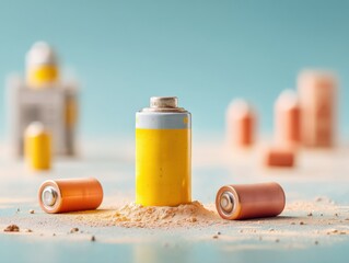 Leinwandbilder - Experimental glowing battery cell surrounded by standard units in lab setting with testing equipment, symbolizing energy storage innovation and breakthroughs