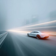 Poster - Sleek autonomous electric vehicle speeding on urban highway with digital motion trails showcasing futuristic smart mobility innovation