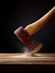 Poster - Dynamic wooden axe striking nail with dust burst on rustic surface, symbolizing skilled craftsmanship and power for construction and woodworking industries