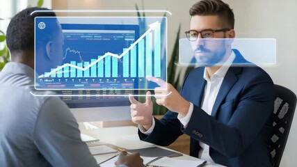 Poster - Two business professionals discuss financial data and market charts displayed on a computer in a modern office setting.