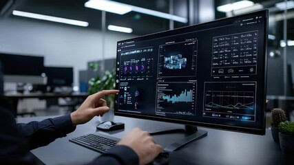 Poster - A person works at a desk reviewing data analytics dashboards on a large computer monitor in a modern office setting.