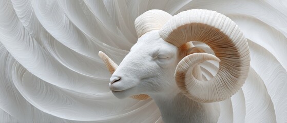 Poster - Cosmic Aries Ram Sculpture with Ornate Horns and Zodiac Symbols in Nebulous Space Trendy Social Media Astrology Content for Strength and Determination