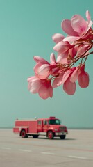 Poster - Airport fire truck speeding on tarmac toward plane, emergency response vehicle in modern aviation safety and rapid disaster preparedness setting