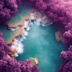 Poster - Aerial View of Multi-Tier Cascading Waterfalls Surrounded by Vibrant Purple Forests Highlighting Natural Terraces and Ecotourism Potential
