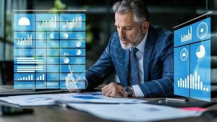 Poster - A mature businessman in a blue suit reviews financial documents at his office desk, focused and thoughtful in a modern workspace.