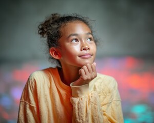 Aufkleber - Curious Southeast Asian Girl Exploring Interactive Digital Science Exhibit with Vivid AR Displays in Modern Planetarium Setting for Youth Education