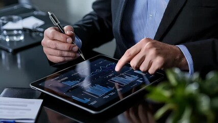 Aufkleber - A business professional analyzes financial charts on a tablet device at a modern desk.