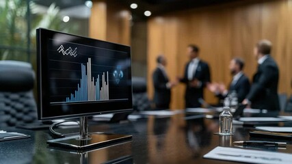 Poster - A computer monitor displays a financial bar chart in a modern conference room with business professionals in the background.