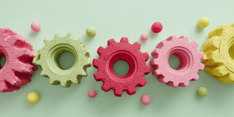 Aufkleber - Colorful Textured Gears and Spheres in Pastel Palette on White Background - Modern Design Concepts and Creative Industrial Inspirations