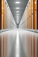 Leinwandbilder - Quantum Internet Server Room Corridor with Symmetrical Rack-Mounted Hardware, Precision Alignment and Cooling Infrastructure for Secure Data Storage
