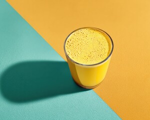 Aufkleber - Vibrant Turmeric Latte in Glass on Bold Two-Tone Background with Natural Light and Clean Modern Wellness Aesthetic for Beverage Advertising