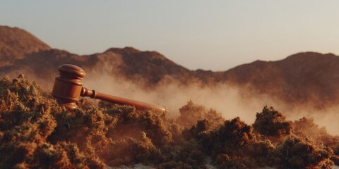 Poster - Legal Gavel Among Cannabis Buds in Desert Landscape Symbolizing Marijuana Trade Policy Debate and Regulation for Sustainable Agricultural Industry