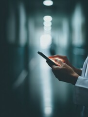 Aufkleber - Telehealth Doctor Using Smartphone in Hospital Corridor for Instant Medical Communication and Streamlined Healthcare Data Sharing - Modern Digital Connectivity