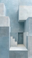 Aufkleber - Minimalist architectural composition with muted blue concrete blocks and geometric stairs for modern urban design and creative spatial concepts