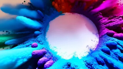Poster - Brightly colored powder explosion creating a vibrant, circular frame against a clean white backdrop, artistic expression.