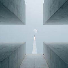 Aufkleber - Futuristic rocket launch ascending above minimalist concrete structures towards moon, symbolizing advanced space exploration and innovation in aerospace industry