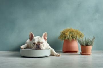 Fototapete - Modern Tech Lifestyle French Bulldog Resting on Robotic Vacuum in Minimalist Living Room with Potted Plants for Smart Home Automation Marketing