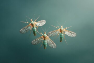 Poster - Detailed Mosquitoes in Flight Against Gradient Background for Pest Control and Disease Prevention Marketing and Educational Use
