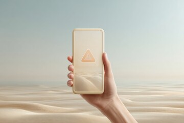 Leinwandbilder - Modern Smartphone Displaying Digital Security Warning Icon in Hand over Minimalist Desert Background for Cybersecurity Marketing and Data Protection Awareness