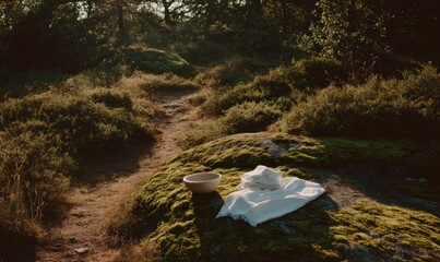 Poster - Outdoor Wellness Scene with Meditative Forest Path, Golden Hour Light, Moss Rock, Folded Towel and Sound Therapy Bowl for Calm and Mindfulness