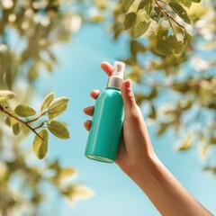 Leinwandbilder - Woman Applying Insect Repellent Spray in Forest Landscape for Outdoor Mosquito Protection and Safe Nature Hiking - Wellness and Travel Promotion