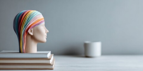 Fototapete - Lifelong Learning Concept with Wooden Head Cutout and Colorful Threads Linking Books to Mind on Clean Desk for Skills Development