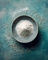 Poster - Magnesium Sulfate Fine Powder in Ceramic Bowl on Textured Blue Surface with Scattered Granules for Pharmaceutical and Wellness Advertising