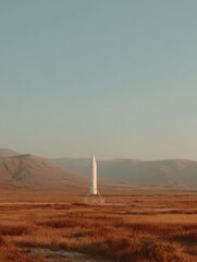 Poster - Minimalist rocket launch site in desert at dawn with reflective metal surface, showcasing frontier technology and human ambition for space exploration campaigns