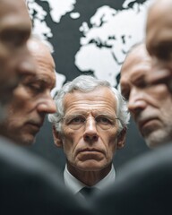 Aufkleber - Influential senior leaders in strategic global governance meeting with world map backdrop, symbolizing power, diplomacy, and new world order leadership concepts
