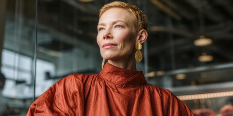 Aufkleber - Confident Female Founder in Modern Open-Concept Tech Office Inspiring Innovation and Leadership in Startup Culture and Business Vision