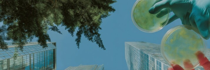 Poster - Sustainable Glass Office Buildings with Tall Trees and Reflective Facades Symbolizing Green Architecture and Corporate Environmental Compliance in Urban Spaces