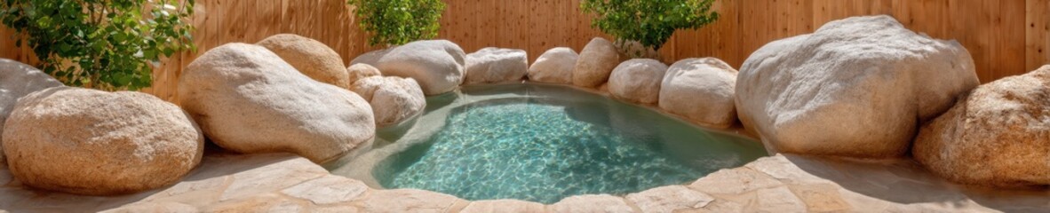 Aufkleber - Natural Stone Hot Spring Bath Surrounded by Lush Greenery and Wooden Privacy Fence - Serene Wellness Retreat for Resort Marketing and Eco-Friendly Lifestyle