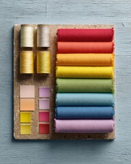 Aufkleber - Organized DIY Pride Flag Maker Workspace with Vibrant Rainbow Fabric, Color Swatches, and Thread Spools on Textured Plywood Surface