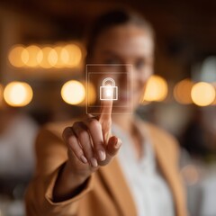 Leinwandbilder - Modern biometric security interface with holographic lock icon in office setting, showcasing advanced digital protection for business innovation and cybersecurity marketing