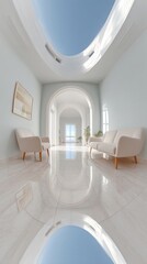 Aufkleber - 360-Degree Camera Setup in Modern Minimalist Living Room with Natural Light and Marble Floors for Immersive Real Estate Marketing and Virtual Tours