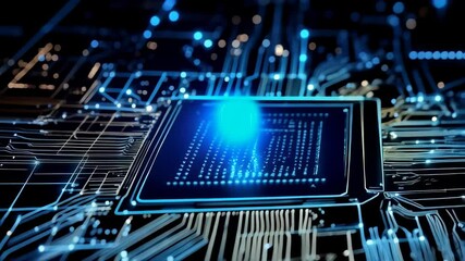 Poster - Futuristic Circuit Board and Microchip with Glowing Blue Light Design Represents Artificial Intelligence, Data Processing, and Neural Networks