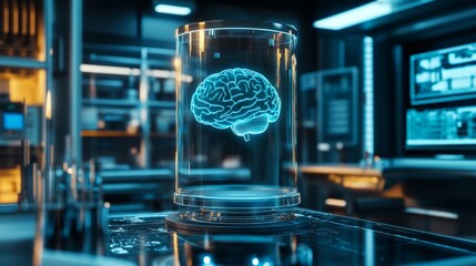 Poster - Futuristic laboratory interior featuring a glowing human brain model suspended in a transparent glass container, showcasing advanced scientific research, artificial intelligence, and technological inn