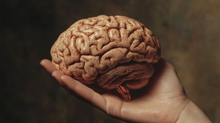 Poster - Hand holding a glowing human brain representing futuristic concept of intelligence, neuroscience, and mind power in a high-tech sci-fi setting with abstract digital elements