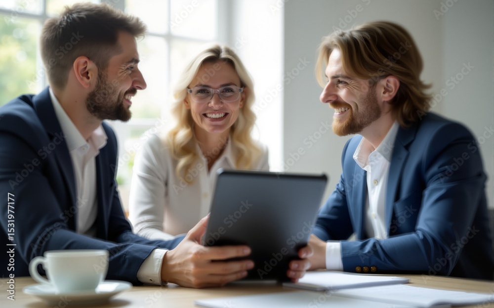 close up of tablet, business people on meeting in background. High quality