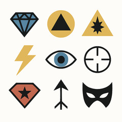 Poster - Assorted graphic symbols including diamond, eye, arrow, mask and more in simple style