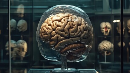 Poster - Detailed illustration of human brain highlighting neural pathways and cerebral lobes with glowing synaptic connections representing intelligence, memory processing, and cognitive function in a scienti