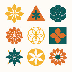 Poster - Collection of flat design flower icons in various geometric shapes and vibrant colors